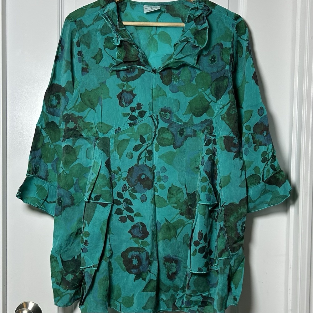 Click by Color Me Cotton Vintage 90s‎ Teal Watercolor Floral Ruffle Trim Blouse